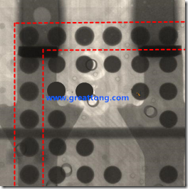 BGA錫球尺寸小于0.4mm，采用降低BGA內圍襲球的錫膏量所得到X-Ray，稍微留意一下可以發現最外圈的錫量(圓的直徑)比其他內圍的錫球上的錫量來得多一點點。也就是外圈的黑色圓形直徑比內圈的圓形來得大一點點。