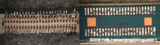 把板對板連接器與其電路板的佈線焊墊作一個比較，端子的切斷面有毛邊的地方剛好對到了裸銅區。