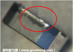 使用錫(Sn)鍍層的電源電感器(Power Inductors)，經過推力測試后，其焊點還保留在零件的端點上，所以推力比較高。