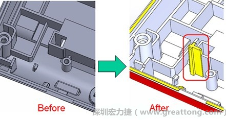 既然知道可能的問題出在電路板變形量過大，于是在電路板上黏貼應力計(Stress Gauge)然后先量測未改善前的應力數據。改善方法是在BGA的附近新增機溝肋柱(rib)來頂住電路板以降低電路板在落下時的變形量。