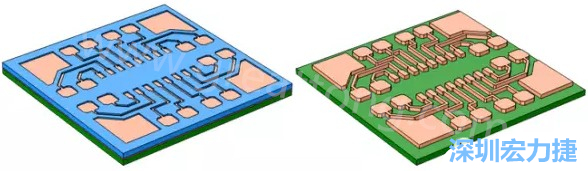 銅被電鍍在導電種子層之上，從而填滿了PCB板上的圖形化光刻膠腔體(左)。清除光刻膠，蝕刻暴露出的種子層以分隔開不同的銅線(右)-深圳宏力捷