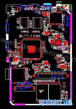 上圖是一個開發板的PCB，從布局中可以看出各個接口電路分離很明確，SDRAM和DDR以及SD卡接口電路等走線不會造成相互的干擾。-深圳宏力捷