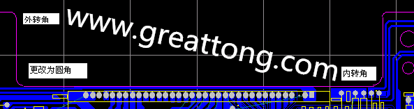 PCB設計時單面板的轉角都需為圓角，R1.0mm或R2.0mm為宜。