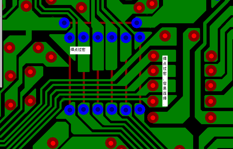 PCB設計焊點過密，易造成波峰連焊，焊點間漏電