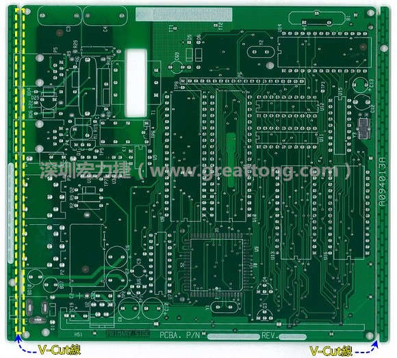 所謂【V-cut】是印刷電路板(PCB)廠商依據客戶的圖紙要求，事先在PCB的特定位置用轉盤刀具切割好的一條條分割線，其目的是為了方便后續SMT電路板組裝完成后的「分板(De-panel)」之用，因為其切割后的外型看起來就像個英文的【V】字型，因此得名。