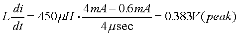 舉例來說，一個閘在"ON"而載有4mA的電流時，突然開關切到"OFF"且現在載有0.6mA的電流，假設開關時間為4msec，載有450mH的電感信號的導體，此時所產生的電壓突波為