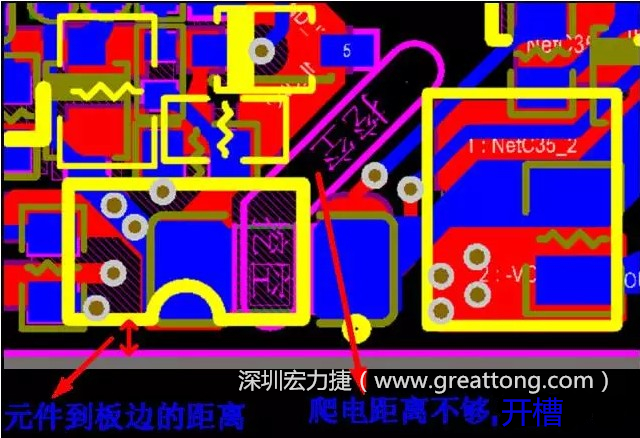 如果碰到模塊PCB空間有限，爬電距離不夠，可以采用開槽的方式