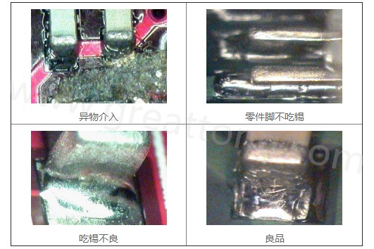 300X顯微鏡主要檢測這些PCBA加工問題：異物介入、零件腳不吃錫、 吃錫不良。