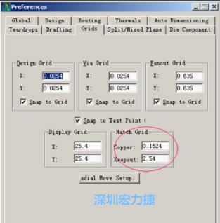  改銅皮的填充網格Global→Design Units，填充方向Drafting→Direction；Hatch Grid中Copper此數值為大銅箔中所填充的線條中心到中心的距離。