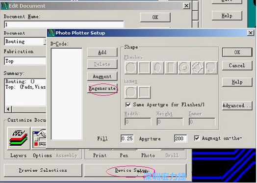 當Gerber和鉆孔都設置完后，選擇一貼片元件較多的層（一般為Top層），點擊Device SetupPhoto，將 Plotter Setup窗口D-Code欄原有的D碼刪除并按Regenerate重新生成