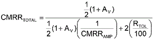 方程式1是從理想運算放大器的CMRR等式中匯出，其中CMRRAMP被假定為非常大(無窮大)。