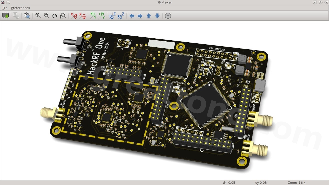 經KiCad軟體3D功能渲染過的HackRF One電路板。