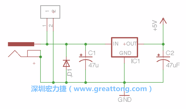 2.5.    新增一個二極體，它會以水平的狀態出現在屏幕上，請使用「旋轉（Rotate）」工具把它負極那一面朝上，并且用「網絡連接」工具將它連接在電壓調整器的輸入端和接地端之間。