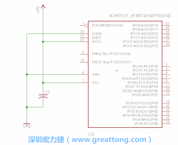 3.1.    新增微控制器晶片（RBBB → ATmega），把它放在電路原理圖的中央附近，把它的兩個接地接頭連接到接地訊號端。