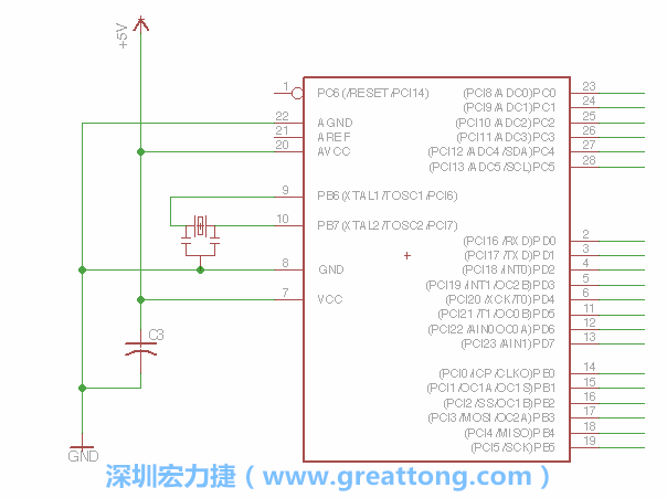 3.2.    在靠近ATmega的電源供應針腳7的位置放置一個0.1μF的電容，將它分別連接電源、接地端和針腳7。