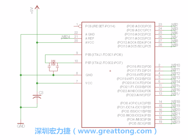 3.3.    將共鳴器（resonator）放置在針腳9和針腳10附近，將它的三個針腳連接如圖所示，并確認最中間的針腳有連到接地端。