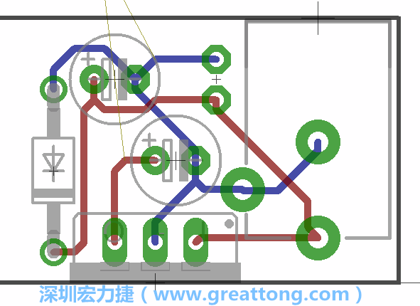 接地連結點的布線情形如下圖所示，利用這個練習來避免電路連線銳角化的產生是一個不錯的選擇，你可以在工具列中的彎曲線路（Wire Bend）選項里改變各種布線的變化。