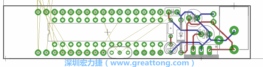 將ATmega微控制器、三個GPIO排針（JP2, JP3, JP4）和諧振器（resonator）排置如上圖所示。