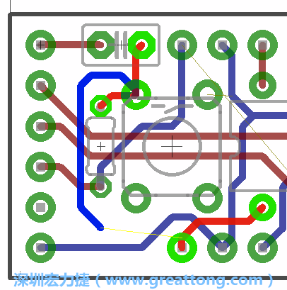 要在電路板正面進行+5V信號線連結和其他連結點的布線工作是非常容易的，而重置信號線（信號線用來連結電路板正面左邊的重置開關）需要經過一個可以通過電路板正反兩面的電路通道，這個通道是一個可以讓電路板正反兩面線路連接的一個小孔。