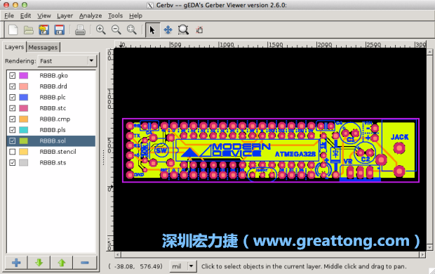 將圖層匯入你的Gerber預覽工具內（下圖為Gerbv），我通常會從上到下重新排列它們的順序，好讓我比較好校對：