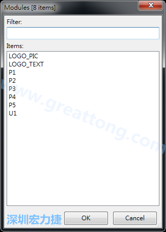從目前正在編輯的PCB載入Module， 會顯示有那些項目可載入。點選一個， OK后即完成載入