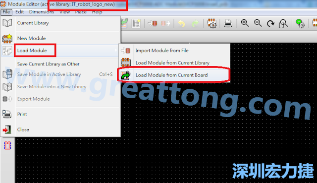 進入Module Editor去載入其他Footprint(Module)進來， 從目前的Active library (不過要先選取一個Current library ) 載入Module 或從目前正在編輯的PCB載入Module。