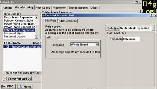 5. 而對于阻焊的調整則可以通過按D、R調出[Manufacturing]制作設計規則的[Solder-Mask Expansion Rule]設置項直接設定單邊放大值