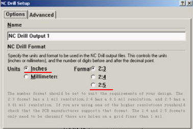 將格式改為“Inches 2：5”（ 以確保資料精度，反之孔與線路有偏移現象；）點OK完成鉆孔文件轉換
