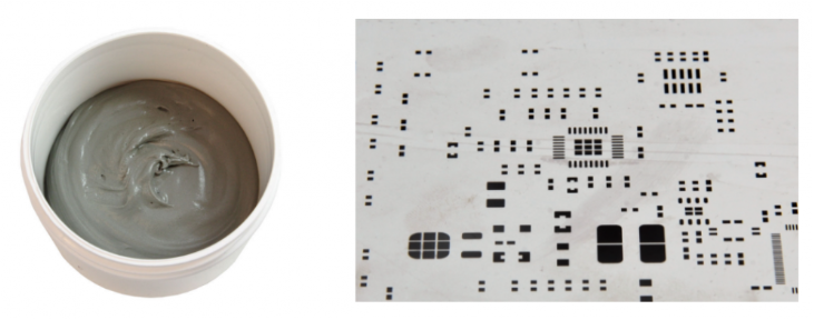 焊膏（左），PCB模板激光切割孔（右）